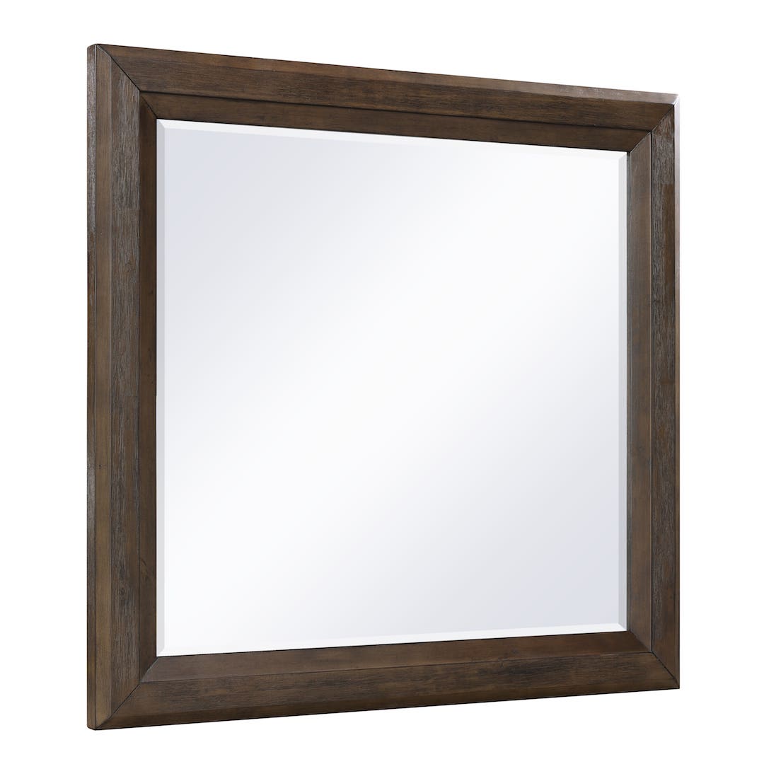 Square mirror with a wooden frame on a white background