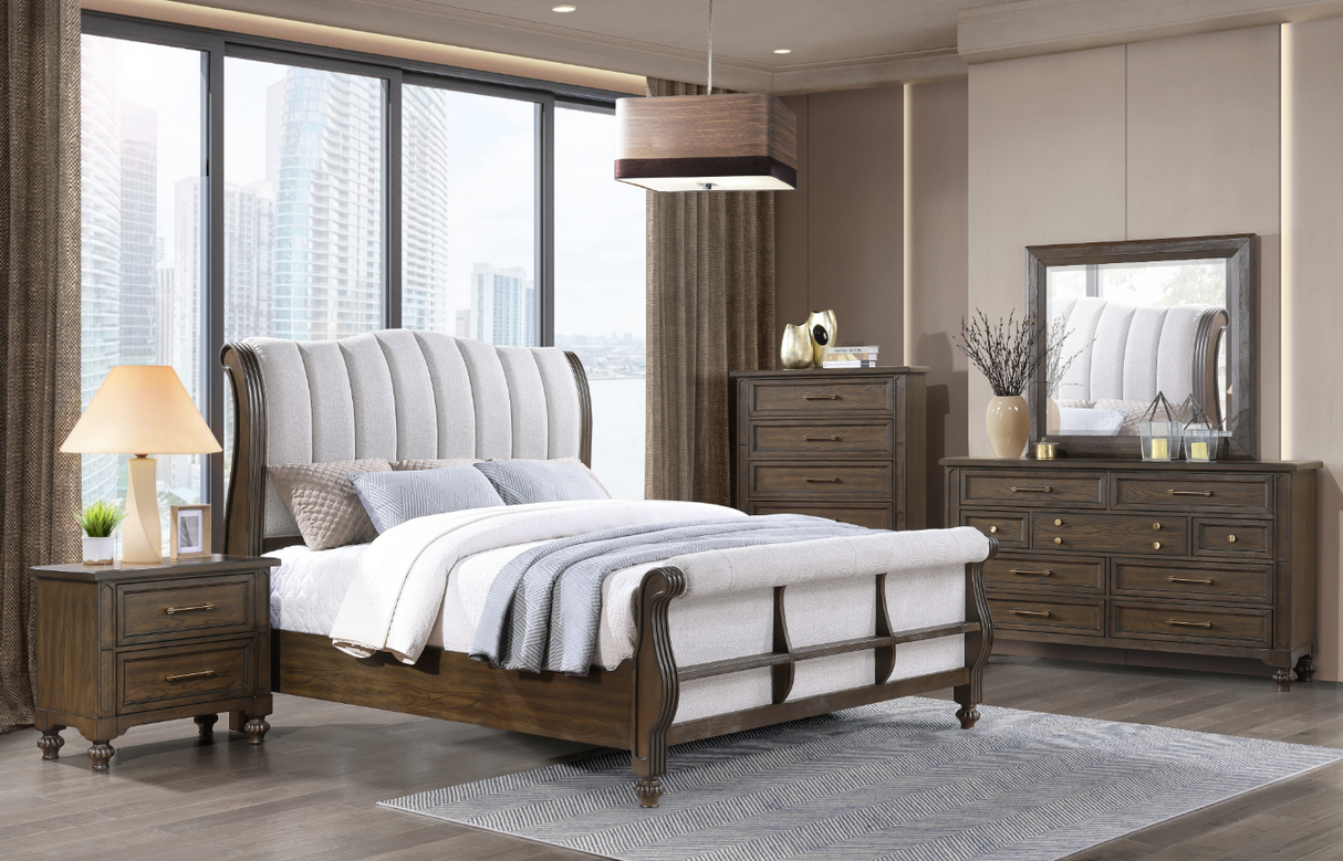 Marina Dark Walnut Bedroom Set with sleigh-style bed, dresser, mirror, nightstand, and chest. Rich walnut finish with fabric accents. Includes dimensions for Queen/King bed and all case pieces.