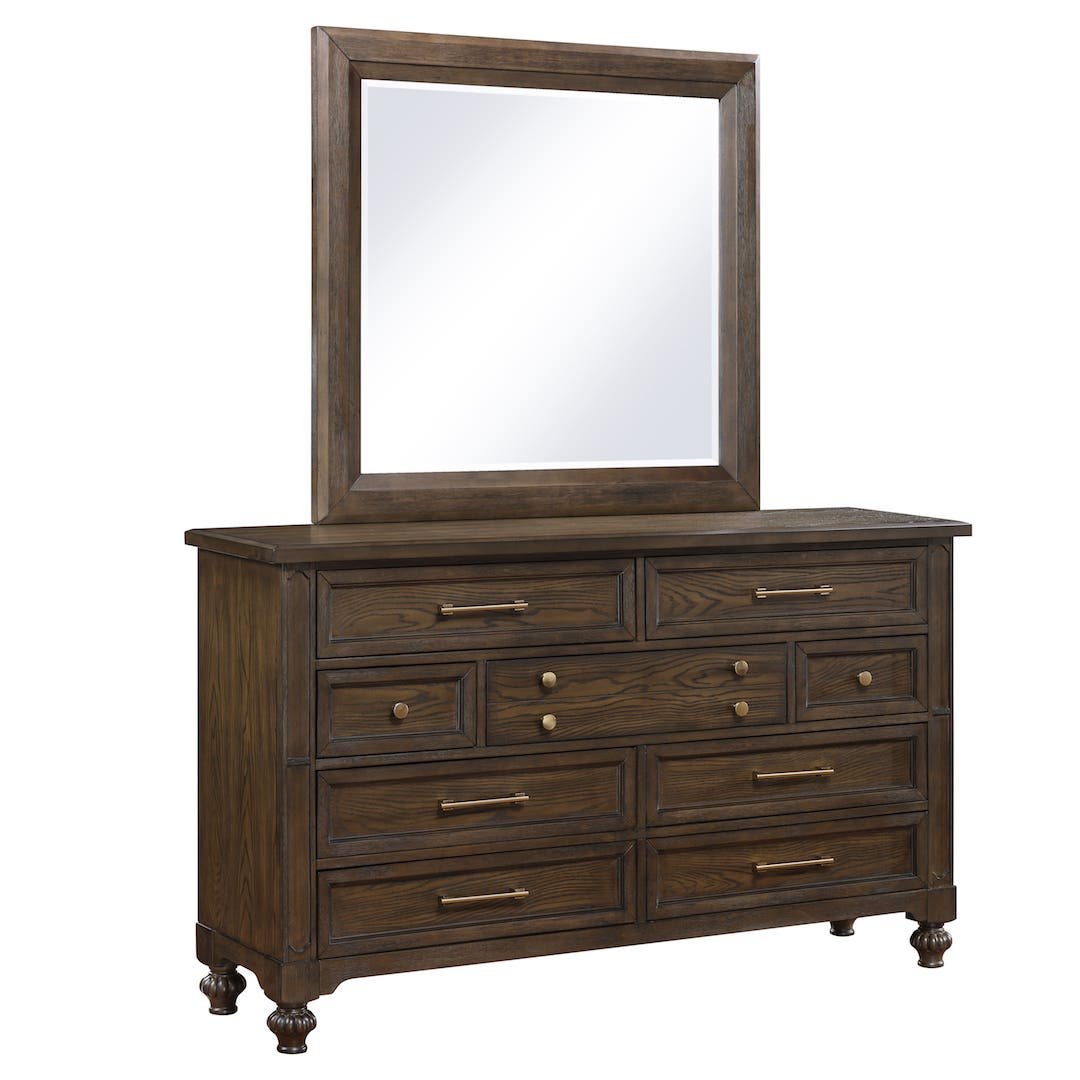 Wooden dresser with mirror on a white background
