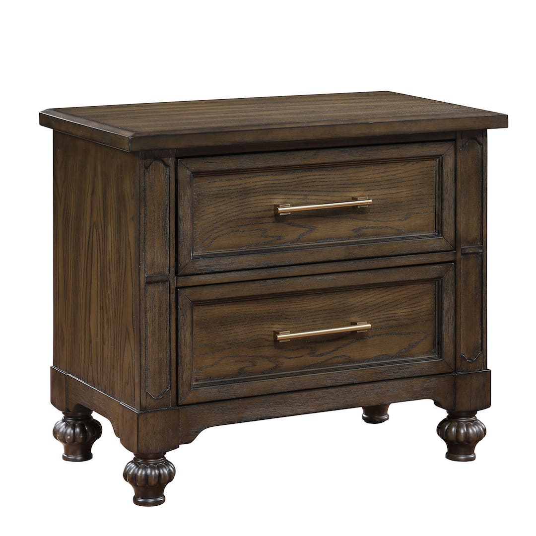 Wooden nightstand with two drawers and brass handles on a white background