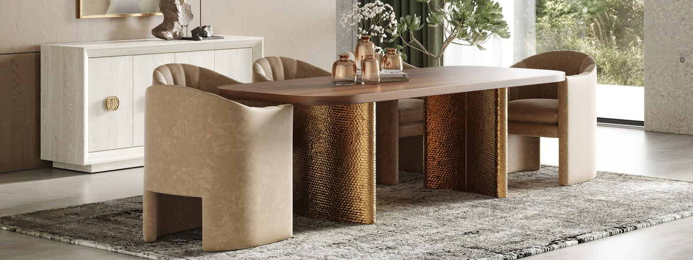 Modern dining room with a wooden table and chairs in a well-lit room.
