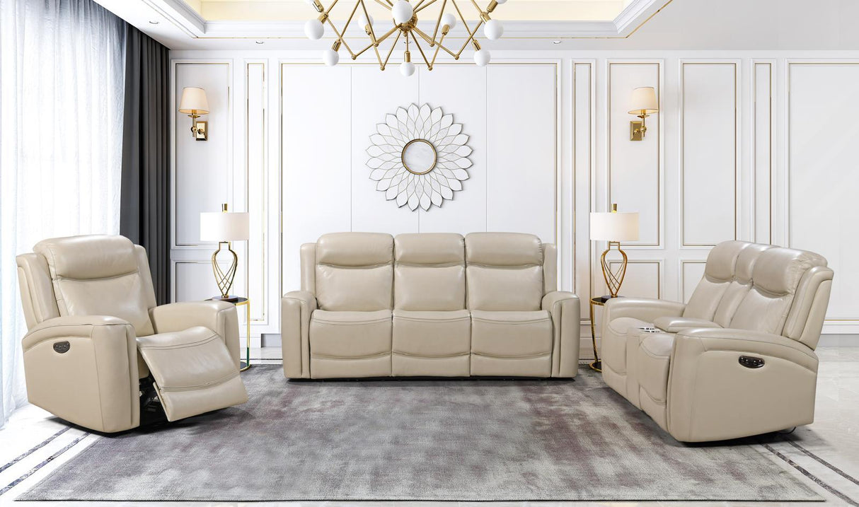 Mason Motion Living Room Set with power sofa (85×38×40), loveseat with console (75×38×40), and power recliner (39×38×40). Includes LED lighting and dual power recline.