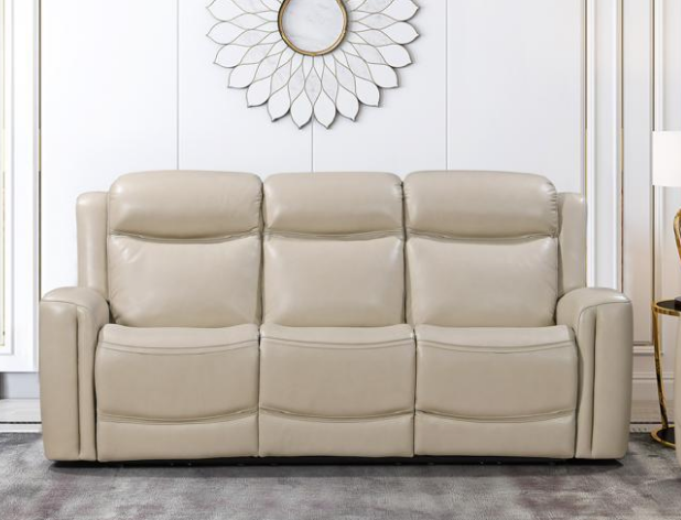 Beige leather sofa in a living room setting with decorative elements.