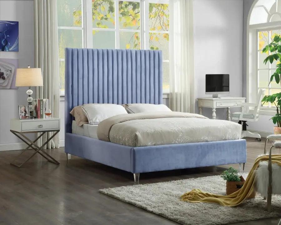Candace Velvet Queen Bed In Sky Blue - Candaceskyblu - Q | Meridian | Home Elegance USA
