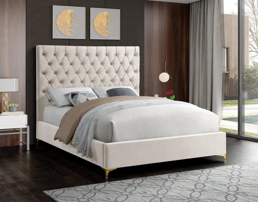 Cruz Velvet King Bed In Cream - Cruzcream - K | Meridian | Home Elegance USA
