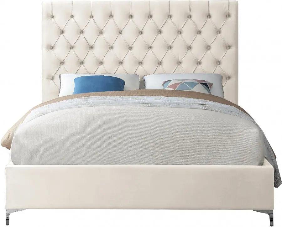 Cruz Velvet King Bed In Cream - Cruzcream - K | Meridian | Home Elegance USA
