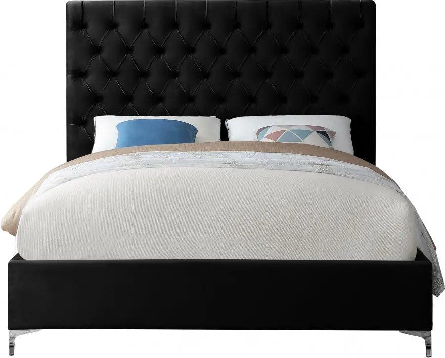 Cruz Velvet Queen Bed In Black - Cruzblack - Q | Meridian | Home Elegance USA