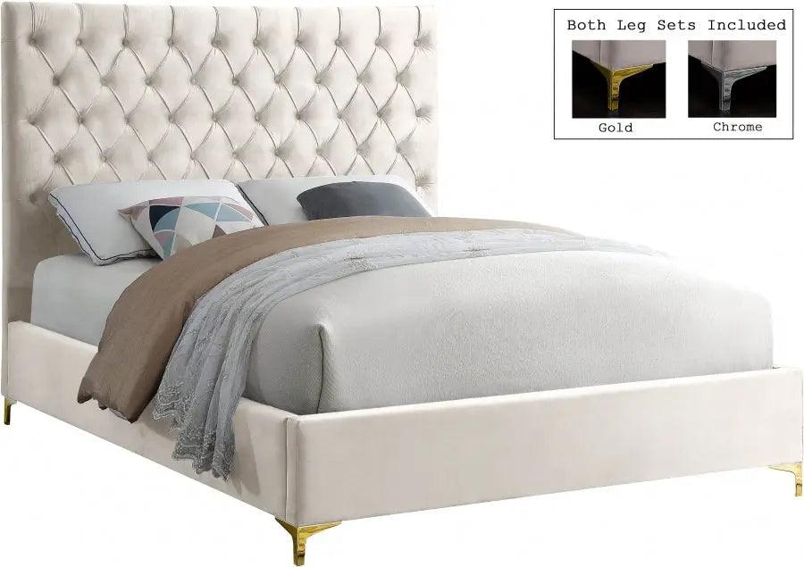 Cruz Velvet Queen Bed In Cream - Cruzcream - Q | Meridian | Home Elegance USA