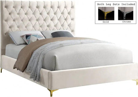 Cruz Velvet Queen Bed In Cream - Cruzcream - Q | Meridian | Home Elegance USA