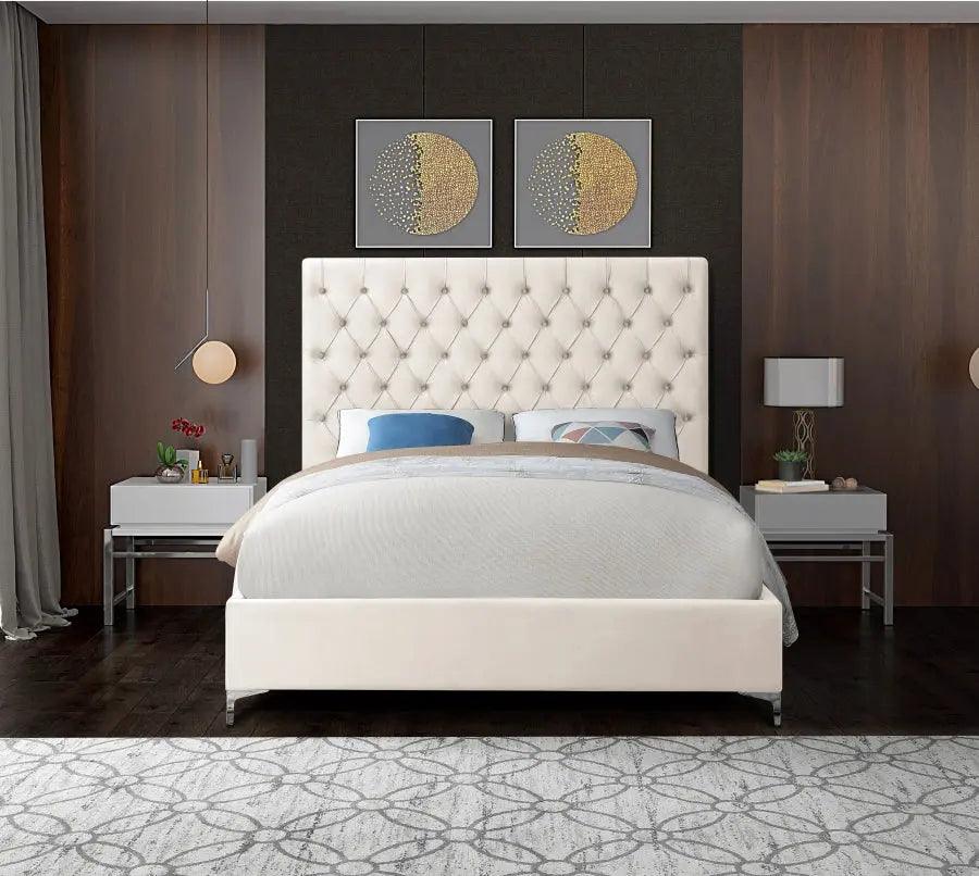 Cruz Velvet Queen Bed In Cream - Cruzcream - Q | Meridian | Home Elegance USA