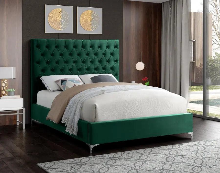 Cruz Velvet Queen Bed In Green - Cruzgreen - Q | Meridian | Home Elegance USA