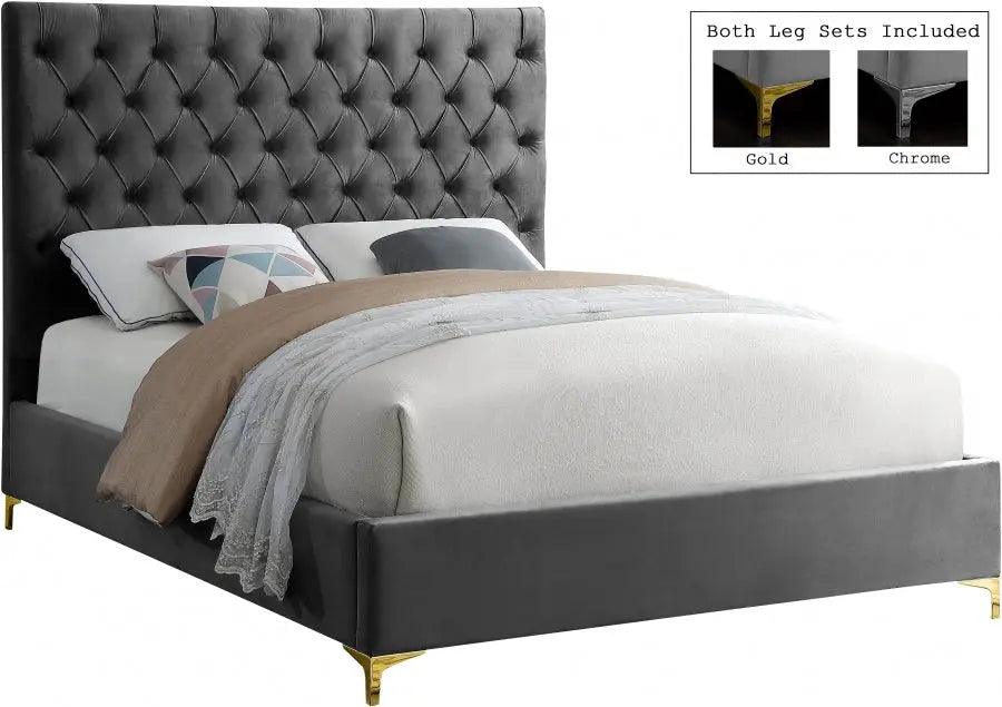 Cruz Velvet Queen Bed In Grey - Cruzgrey - Q | Meridian | Home Elegance USA
