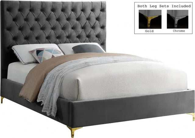 Cruz Velvet Queen Bed In Grey - Cruzgrey - Q | Meridian | Home Elegance USA