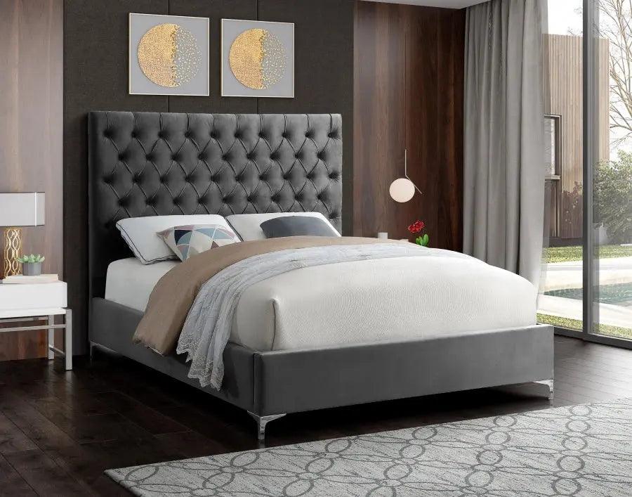 Cruz Velvet Queen Bed In Grey - Cruzgrey - Q | Meridian | Home Elegance USA