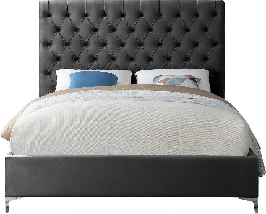 Cruz Velvet Queen Bed In Grey - Cruzgrey - Q | Meridian | Home Elegance USA