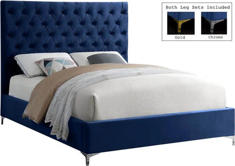 Cruz Velvet Queen Bed In Navy - Cruznavy - Q | Meridian | Home Elegance USA