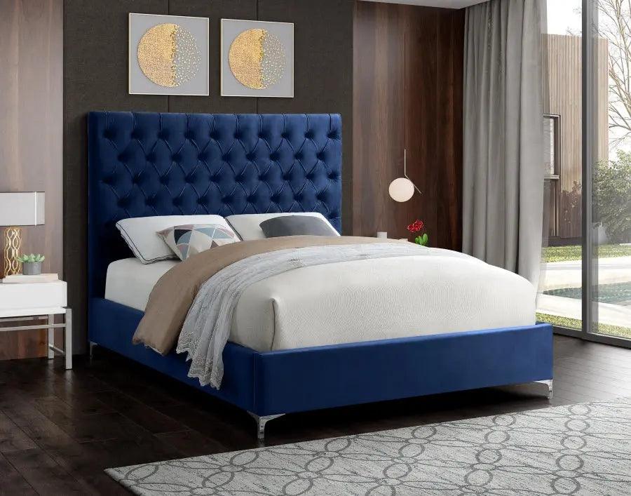 Cruz Velvet Queen Bed In Navy - Cruznavy - Q | Meridian | Home Elegance USA
