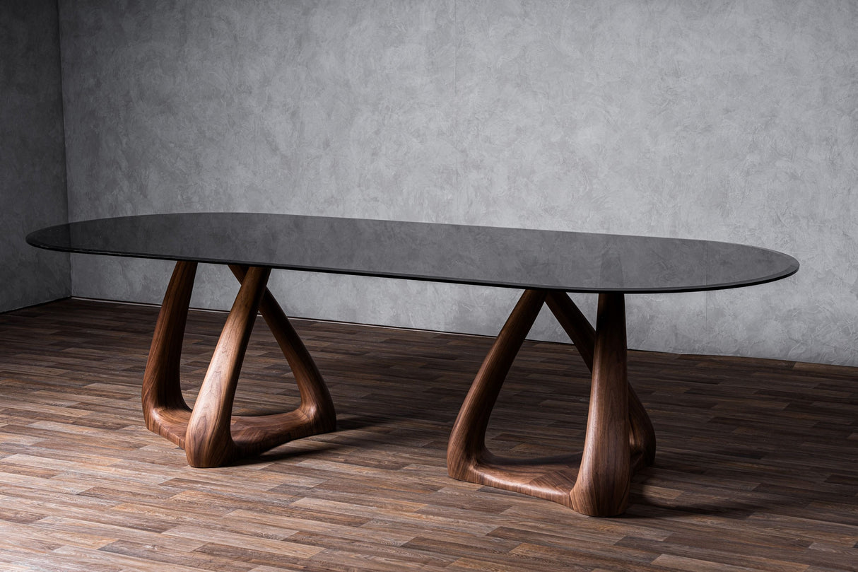 Modrest Christy - Mid-Century Modern Grey Glass + Walnut Oval Dining Table - Home Elegance USA