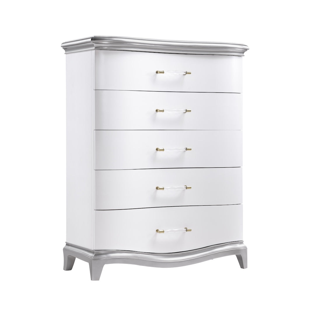 Nina Chest by Cosmos Furniture with tufted high-back bed in white and silver.