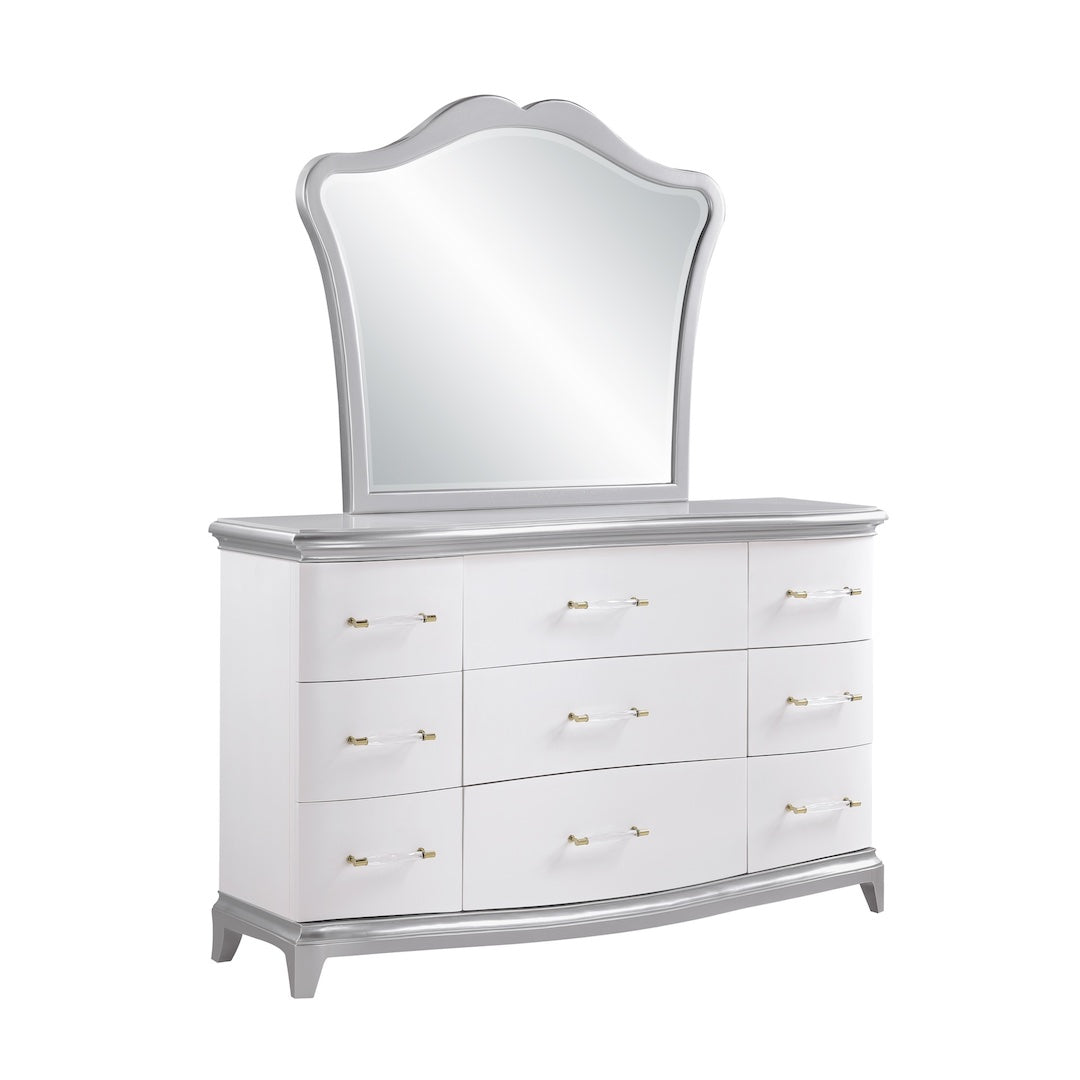 Nina Dresser & Mirror by Cosmos Furniture with tufted high-back bed in white and silver.