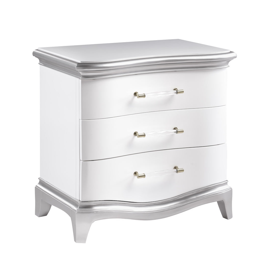 Nina Nightstand by Cosmos Furniture with tufted high-back bed in white and silver.