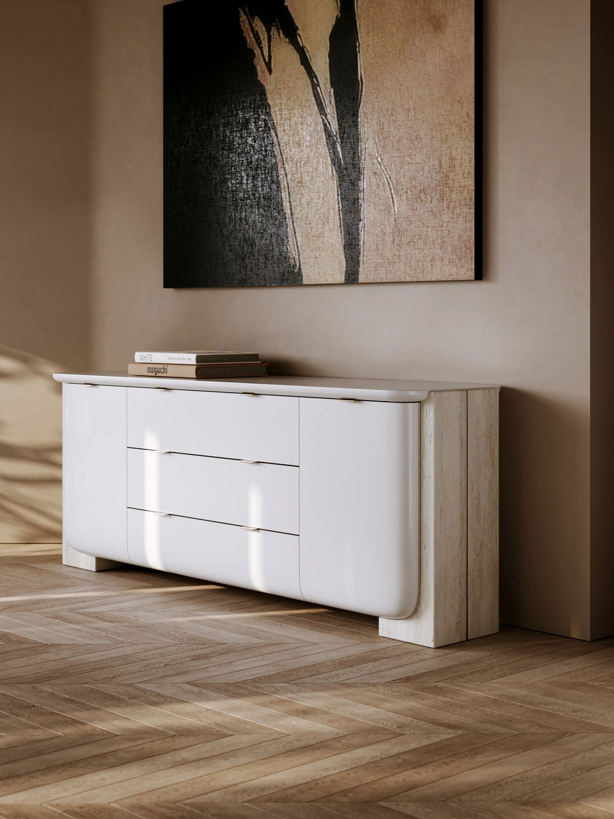 Overlap Sideboard Latte Gloss with Travertine Stone | Caracole Classic