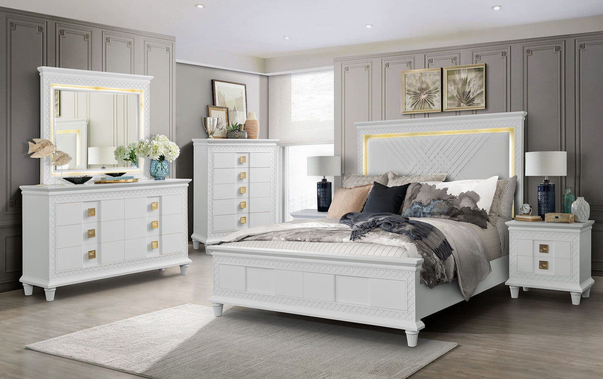 Rebecca Bedroom Set by Cosmos Furniture in white and gold, featuring illuminated headboard, dresser (68×19×42), mirror (52×3×43), nightstand (30×19×30), and chest (42×19×52).