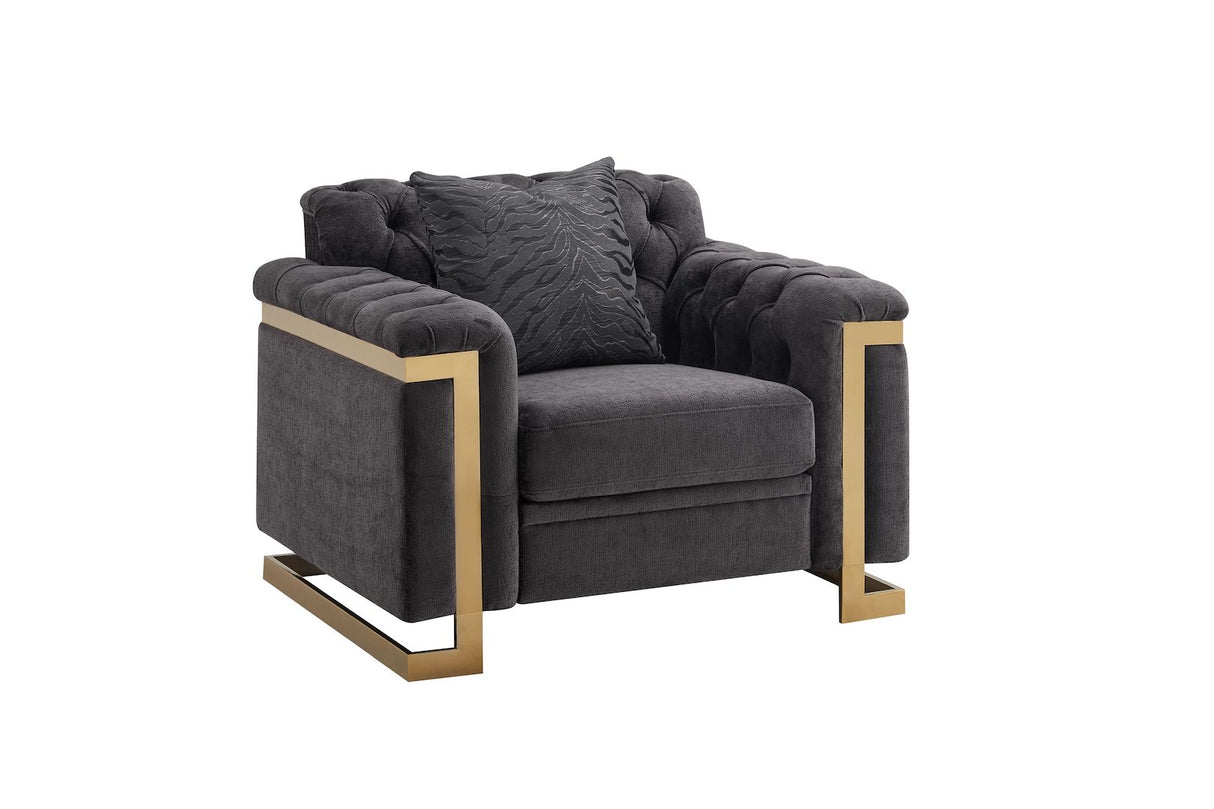 Gray armchair with gold legs on a white background