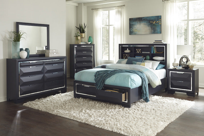 Rosemont midnight blue bedroom set with chrome accents, bookcase headboard, and storage footboard. Includes bed, dresser, nightstand, mirror, and chest. Dimensions up to 78.5W × 92D × 53H.