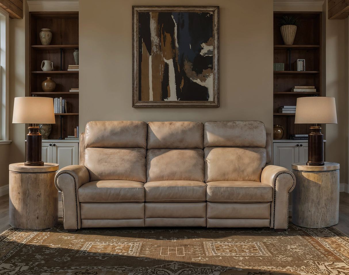 Duncan Power Sofa with Power Headrest & Lumbar Support by Hooker Furniture in Kalahari Camel or Bark Leather