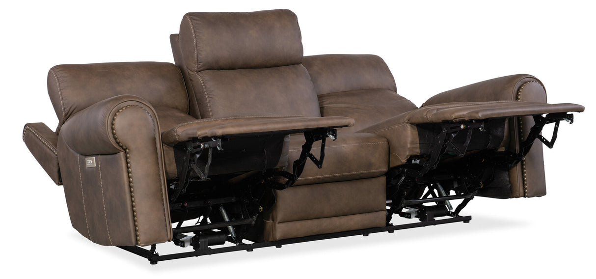 Duncan Power Sofa with Power Headrest & Lumbar Support by Hooker Furniture in Kalahari Camel or Bark Leather