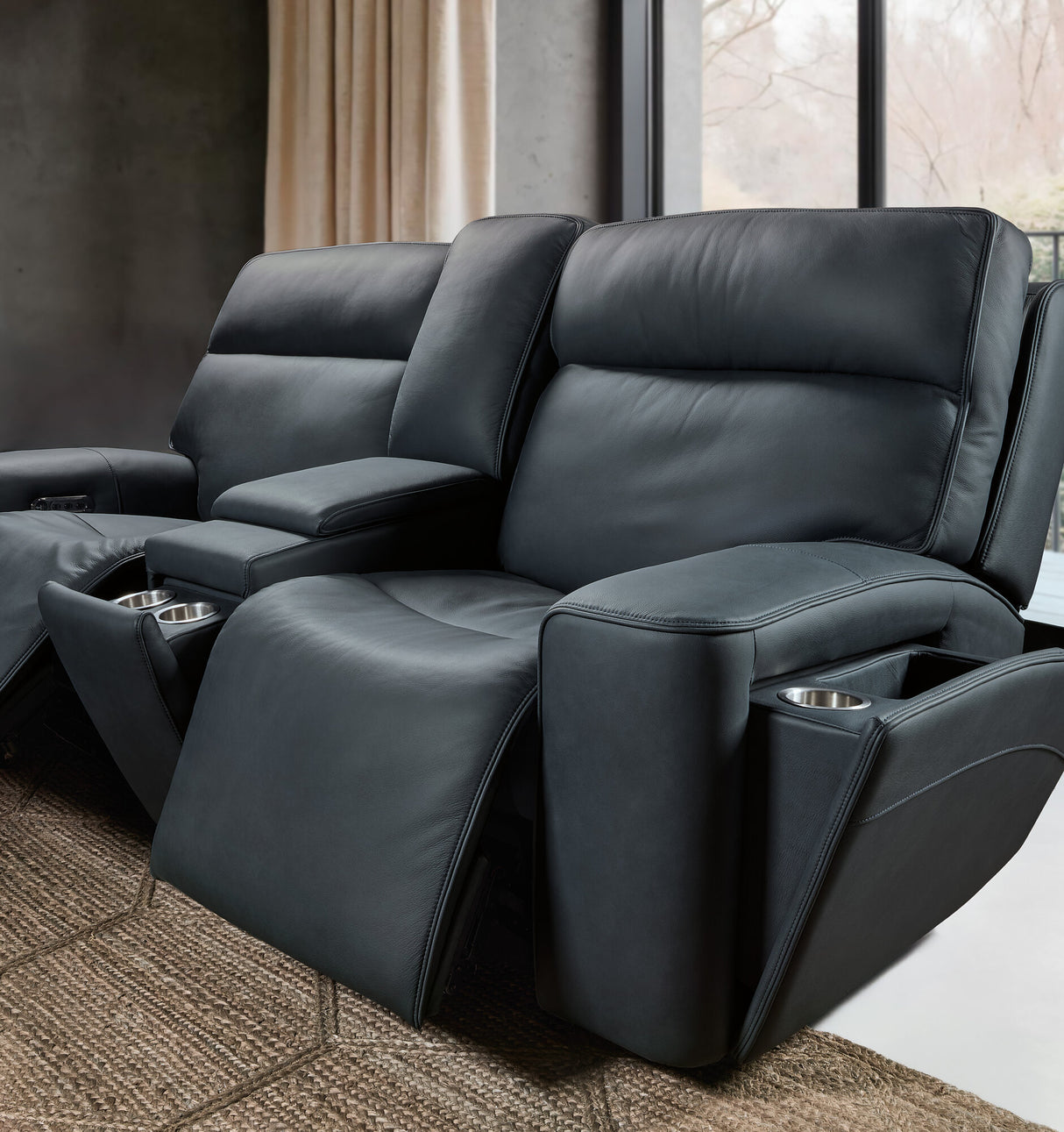 Riverton Power Gliding Console Loveseat with Power Headrest and Lumbar | Dante Afterdusk Leather | USB Port | Hidden Storage