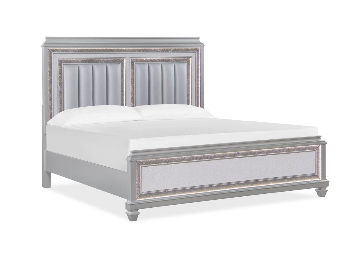 Gray upholstered bed with white mattress on a white background