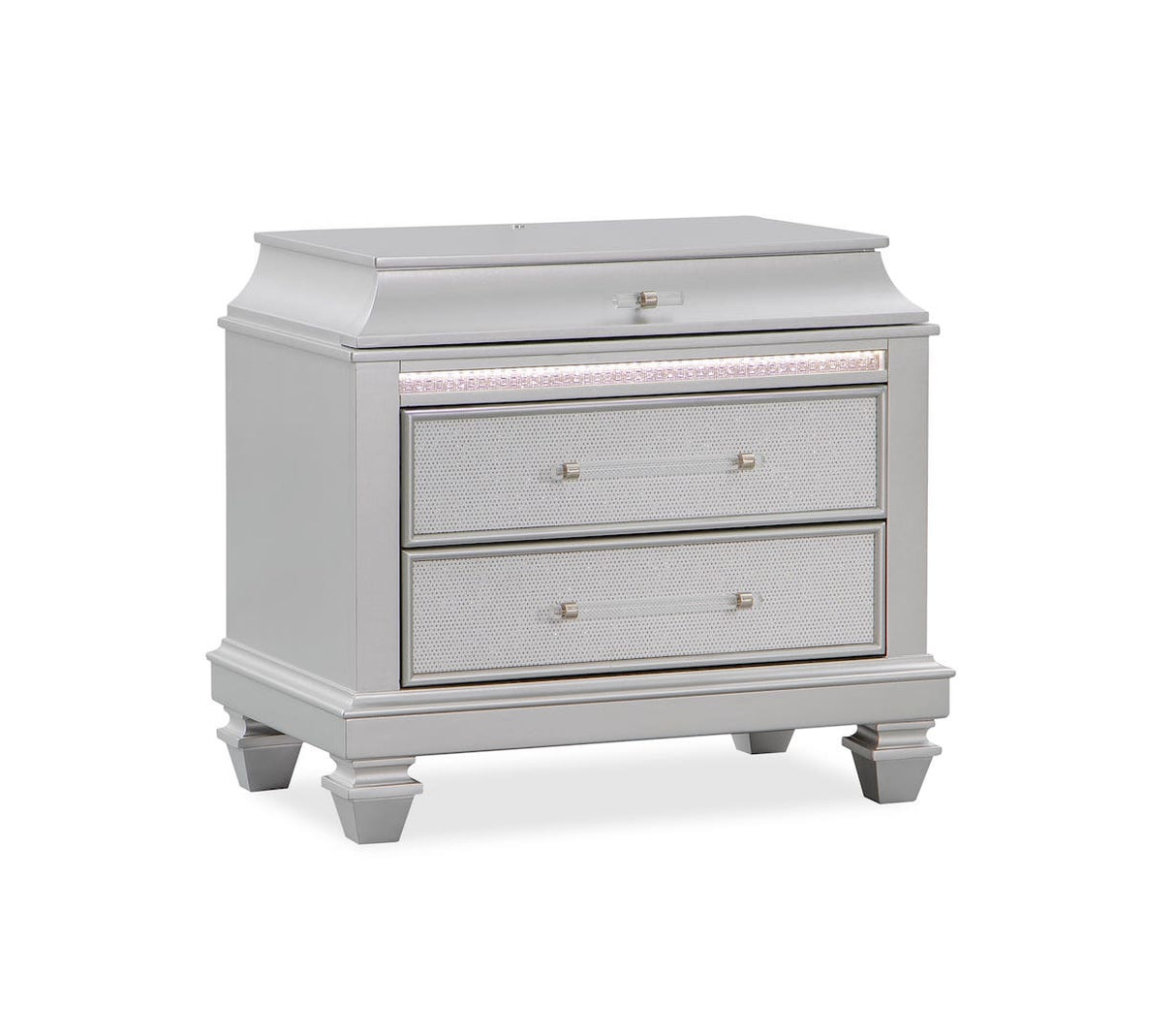 Gray dresser with two drawers on a white background