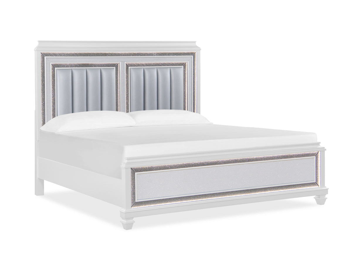 White bed with silver accents on a white background