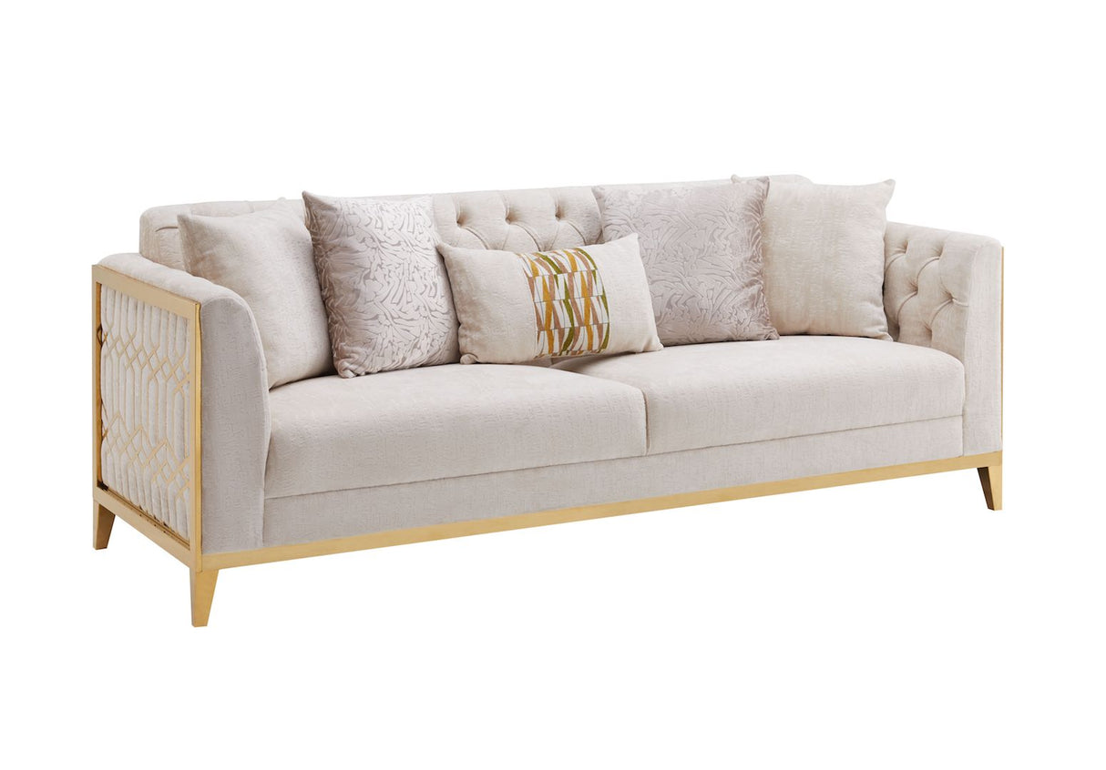 Beige sofa with decorative pillows on a white background