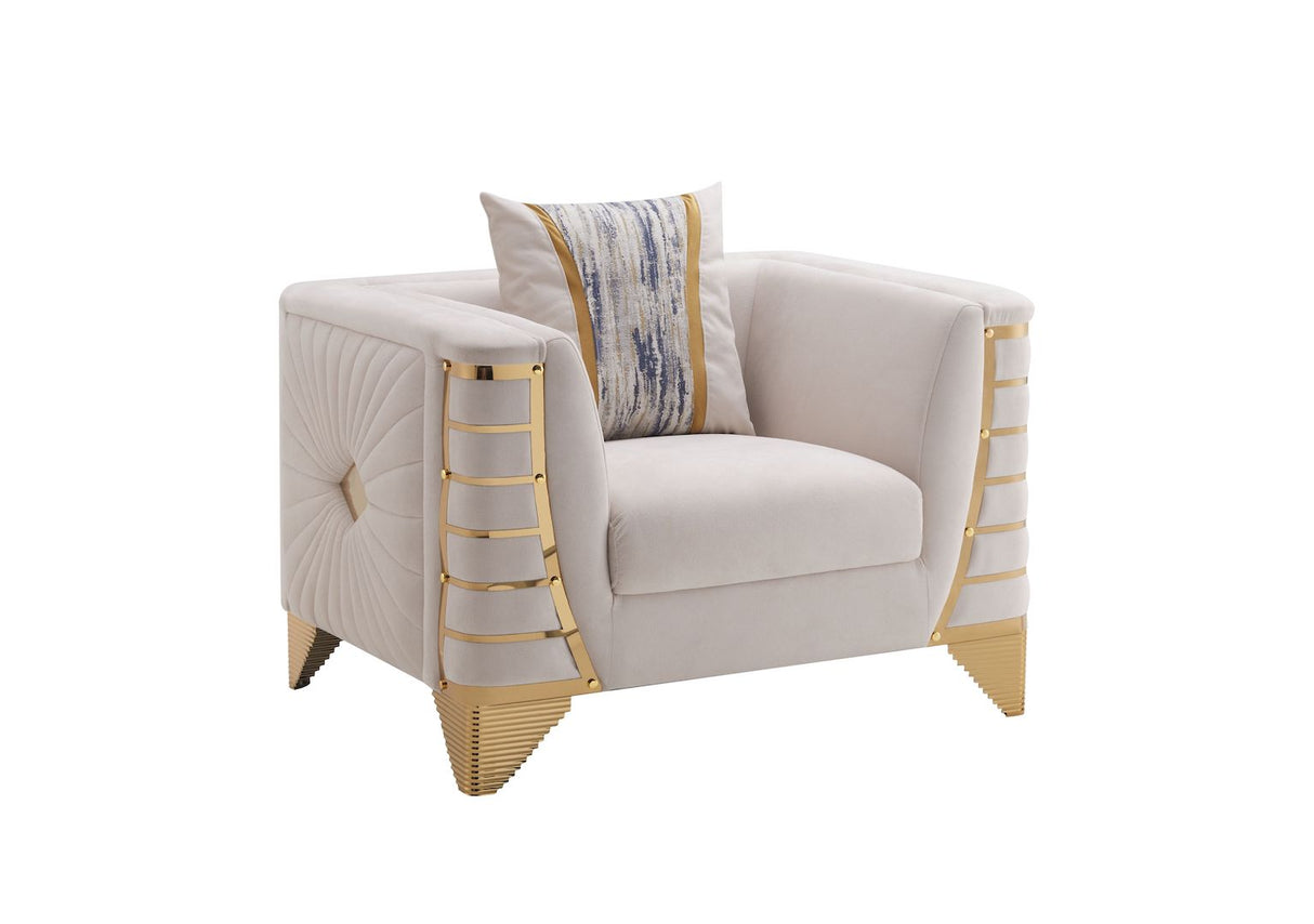 Elegant armchair with gold accents and a decorative pillow on a white background