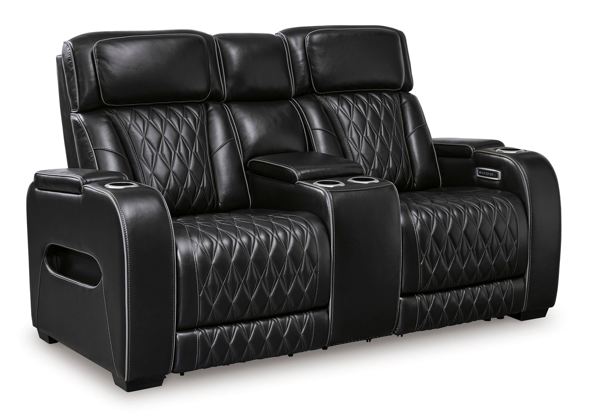 Ashley Boyington Power Reclining Loveseat Black Leather with Console & Massage - Home Elegance USA
