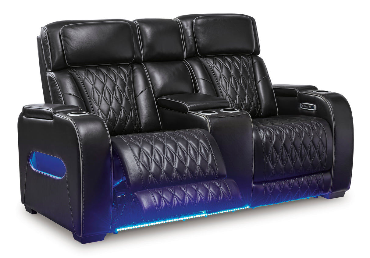 Ashley Boyington Power Reclining Loveseat Black Leather with Console & Massage - Home Elegance USA