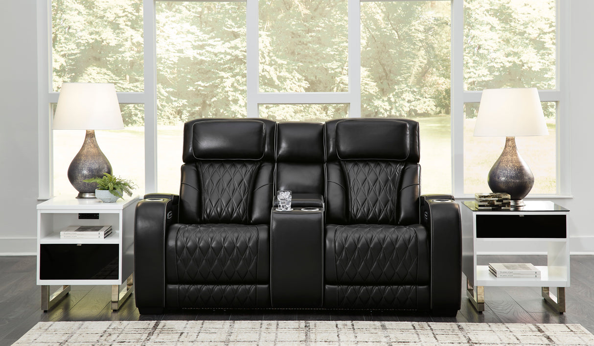 Ashley Boyington Power Reclining Loveseat Black Leather with Console & Massage - Home Elegance USA