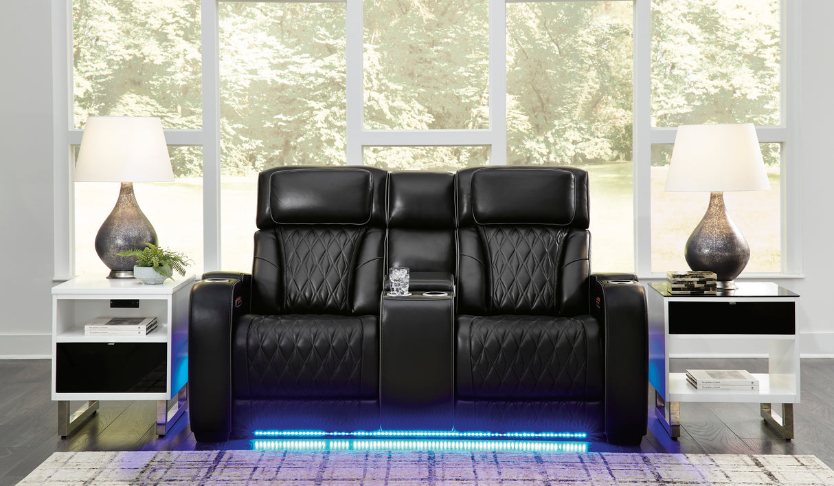 Ashley Boyington Power Reclining Loveseat Black Leather with Console & Massage - Home Elegance USA
