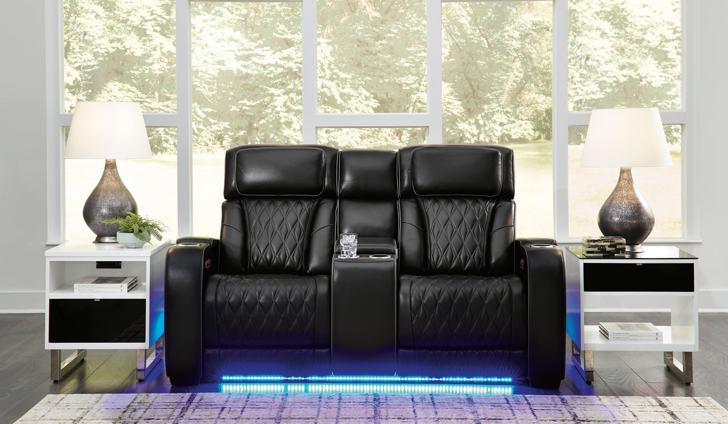 Ashley Boyington Power Reclining Loveseat Black Leather with Console & Massage - Home Elegance USA