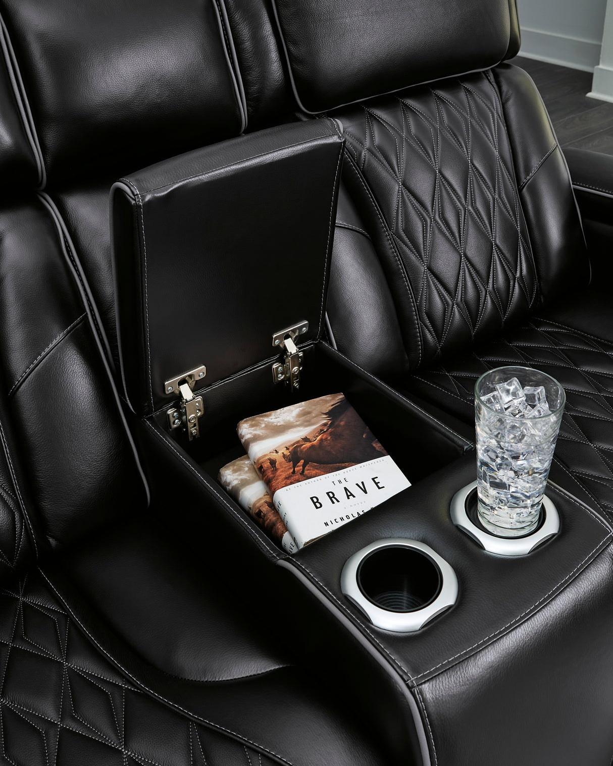 Ashley Boyington Power Reclining Loveseat Black Leather with Console & Massage - Home Elegance USA