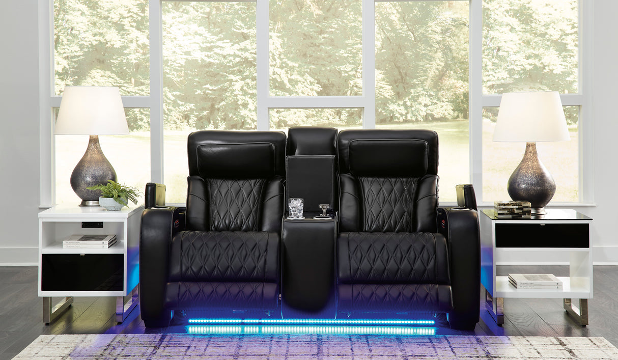 Ashley Boyington Power Reclining Loveseat Black Leather with Console & Massage - Home Elegance USA