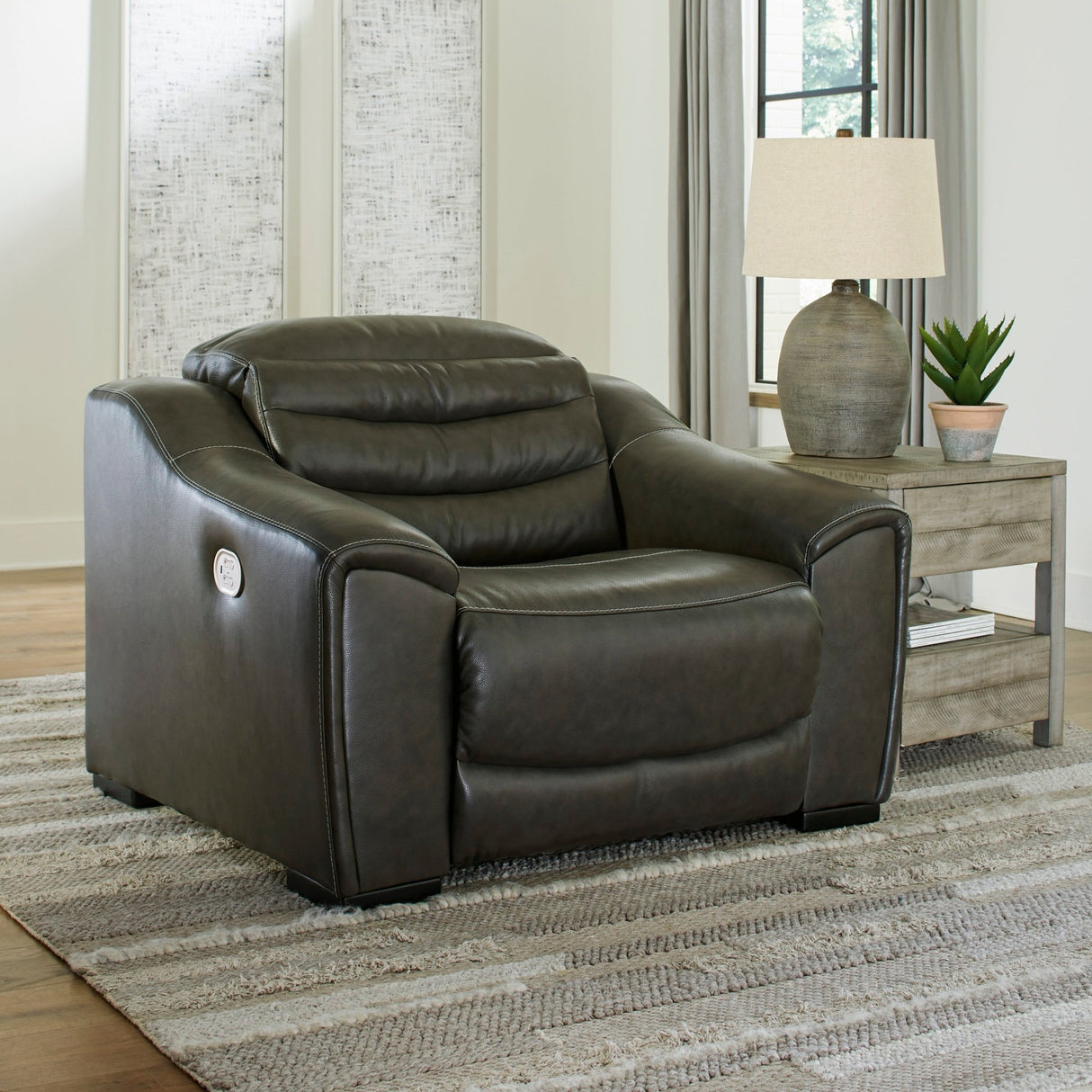 Ashley Dark Gray Center Line PWR Recliner/ADJ Headrest - Leather | Home Elegance USA