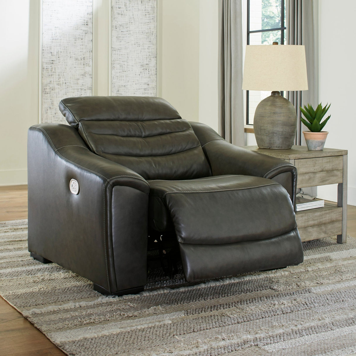 Ashley Dark Gray Center Line PWR Recliner/ADJ Headrest - Leather | Home Elegance USA