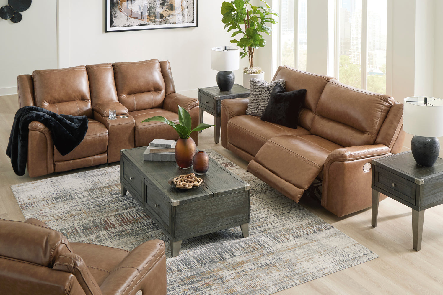 Ashley Caramel Trasimeno PWR REC Loveseat/CON/ADJ HDRST - Leather - Home Elegance USA