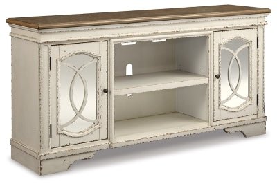 Ashley Chipped White Realyn XL TV Stand w/Fireplace Option | Home Elegance USA