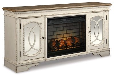 Ashley Chipped White Realyn W743W2 74" TV Stand with Electric Fireplace | Home Elegance USA