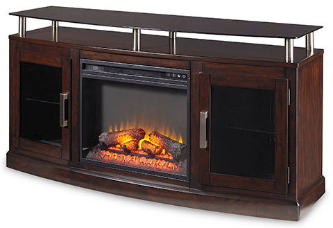 Ashley Dark Brown Chanceen W757W4 60" TV Stand with Electric Fireplace | Home Elegance USA